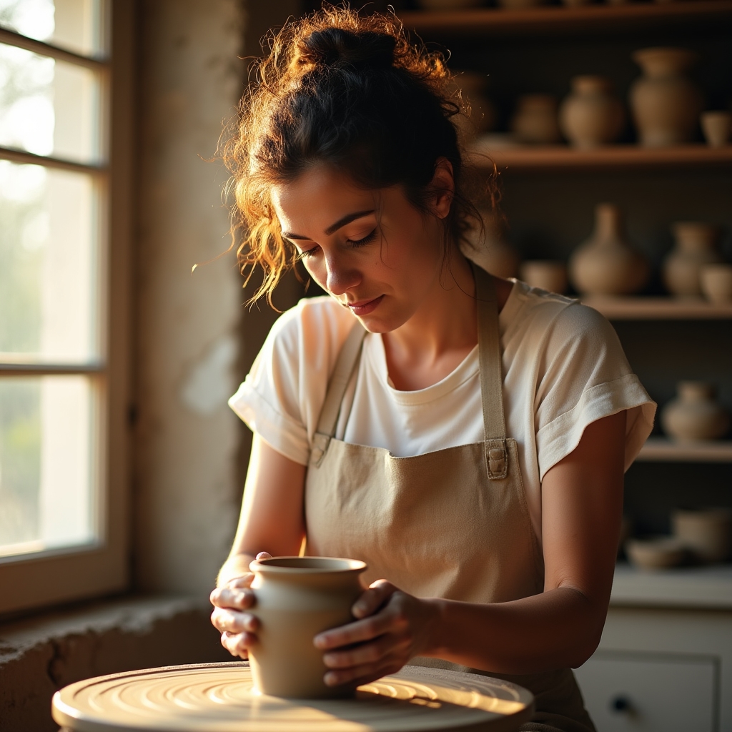 Artigiana che lavora la ceramica nel suo laboratorio