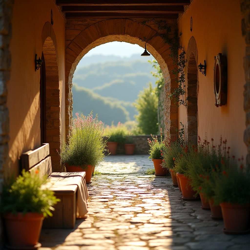 Cortile della cascina nel Monferrato con colline sullo sfondo